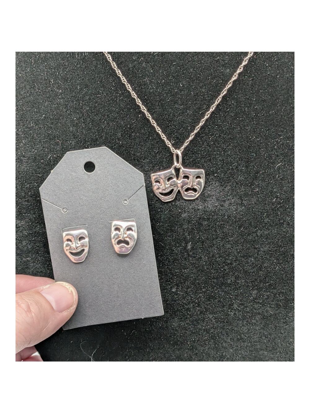 925 Sterling Silver Comedy Tragedy Theater Mask Necklace Earrings Set 18in 5.38g